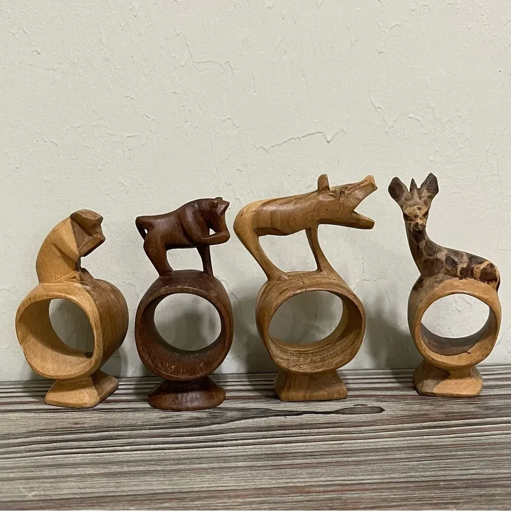 Wood Hand Carved Safari Animal Napkin Rings Monkey Giraffe Rustic Cabin Set of 4